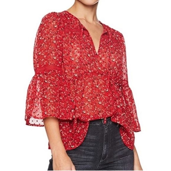 LUCKY BRAND Red Floral Swiss Dots Boho Peasant Blouse Ditsy Size M (O-22) - Picture 1 of 10